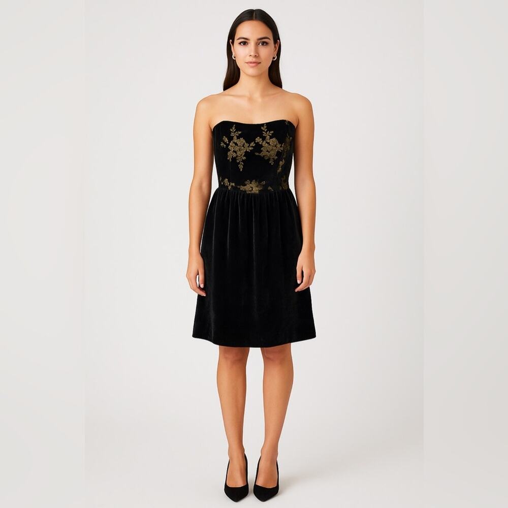 Naf Naf Black Velvet Strapless Fit & Flare Dress with Gold Floral Embroidery
